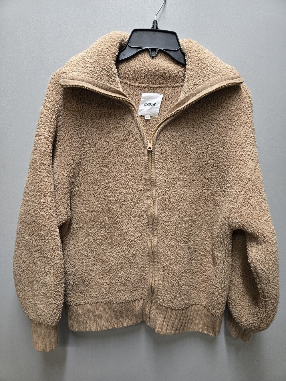 Aerie Sherpa Womens Small Tan Fuzzy Teddy Bear Snuggly Fleece Full Zip Jacket